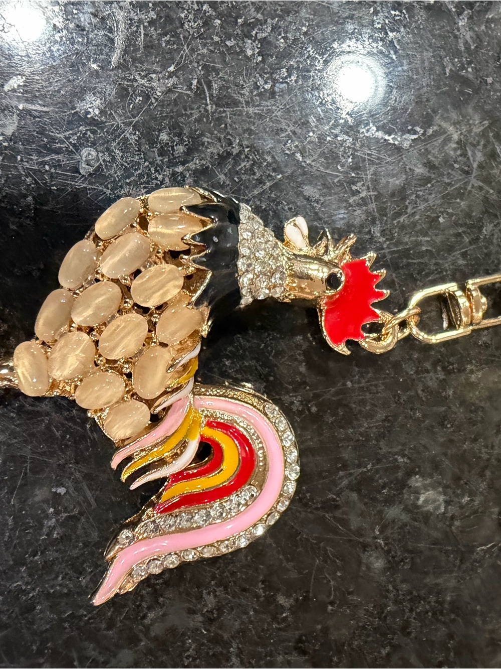 Gold-tone Rooster Pendant Keychain with Pink and Red Enamel Accents